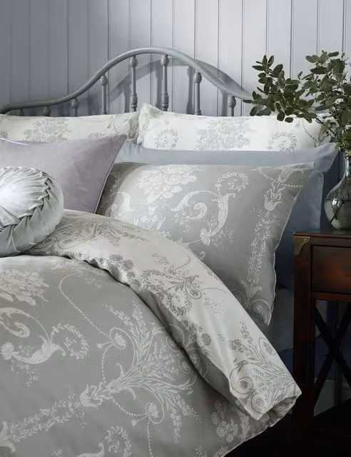 Laura Ashley Josette 2 Pack Pure Cotton Sateen Floral Pillowcases, Grey Mix