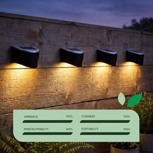 Gardenwize Pack of 4 Urbane Solar Powered Garden Fence Lights in Black with Warm White LED – 6