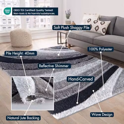 Desire Rugs Modern Soft Waves Shimmer Shaggy Area Rug in Grey, W/D/H: 60 x 220 cm – 8