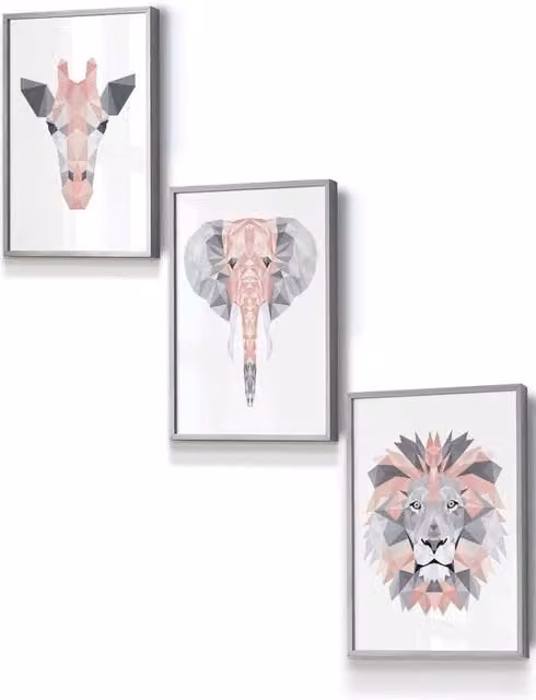 ARTZE Geometric Pink and Grey Jungle Animal Heads Framed Wall Art, Boho Abstract Graphic Design, W: 33 cm, H: 45 cm, D: 0.2 cm
