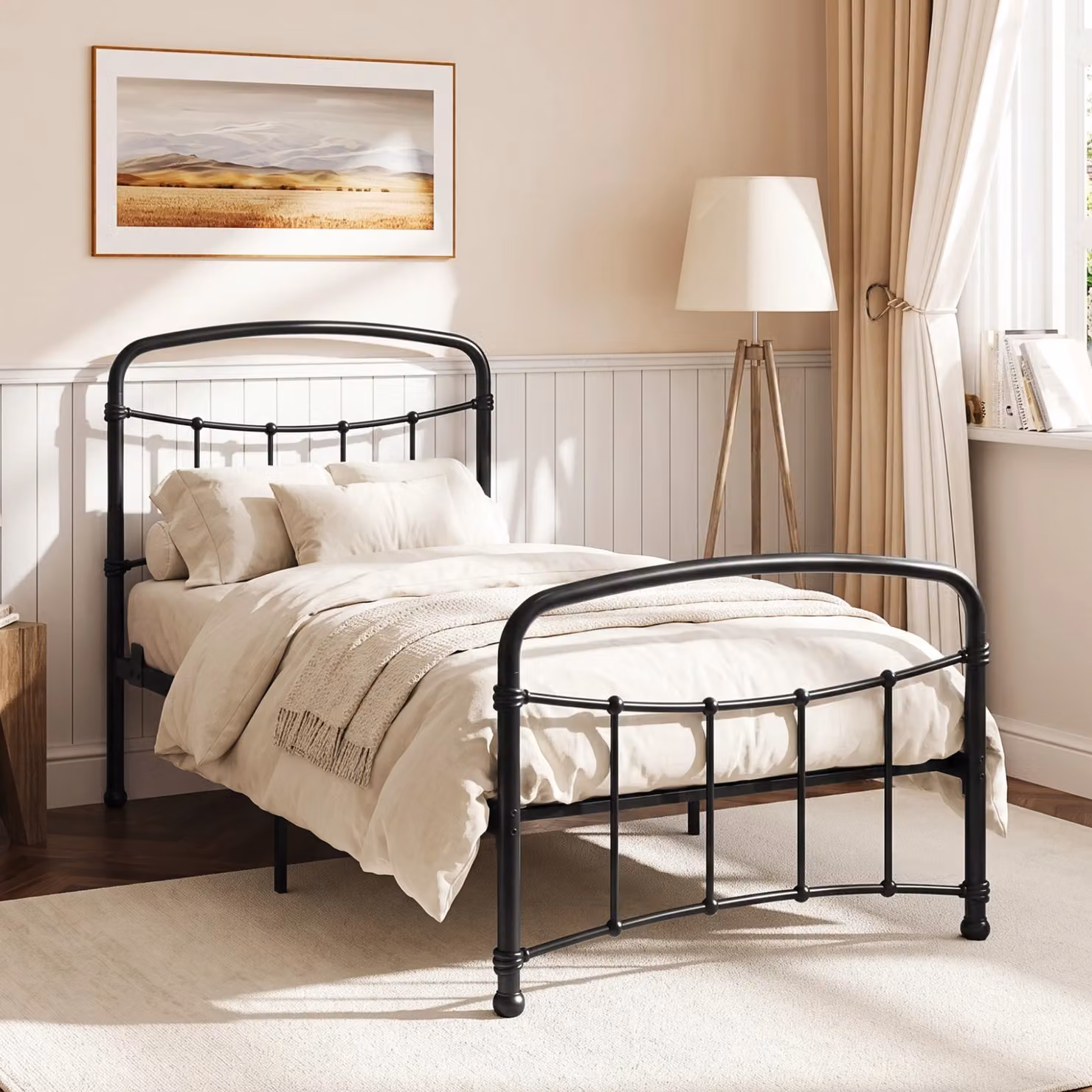 Arcforge Black Metal Bed Frame with Curved Headboard, W/D/H: 90 x 190 cm