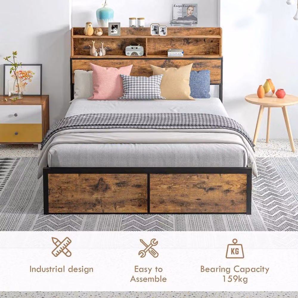 PAWNORA Retro Double Bed Frame in Brown and Black with Metal and Wood Construction, W/D/H: 140 x 200 cm – 2