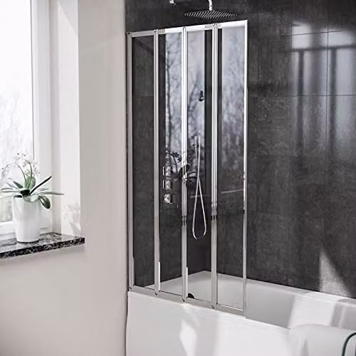 Nes Home 4 Fold Clear Glass Bath Shower Screen with Chrome Frame, W: 80 cm, H: 140 cm – 1