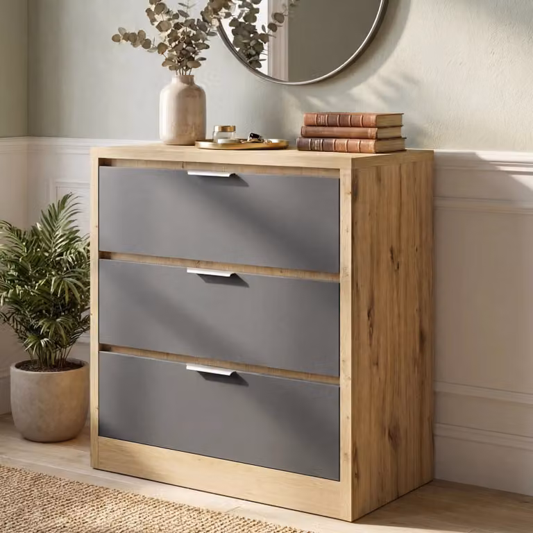 Skova 3 Drawer Chest of Drawers in Oak and Grey, H 77.5 cm x W 70 cm x D 40 cm