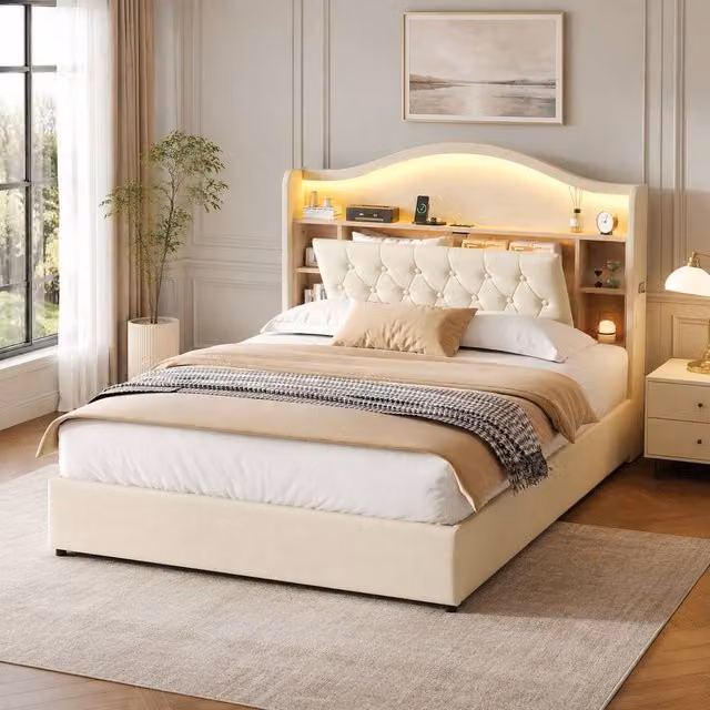 STILVORA Modern Double Bed Frame with Lift-Up Storage, LED Under-Bed Lighting and USB Charging Port in Beige, W/D/H: 140 x 200 x 137 cm