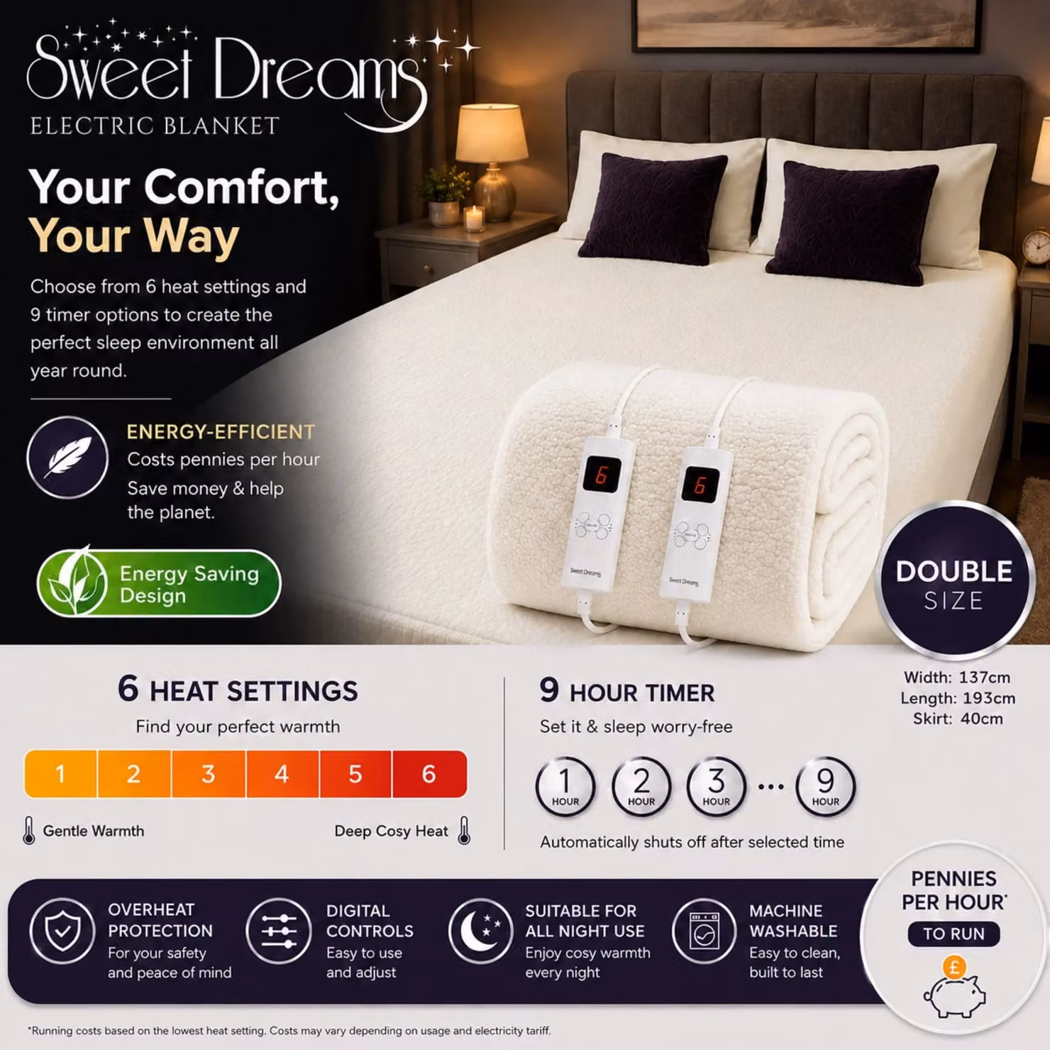 Sweet Dreams White Fleece Heated Double Bed Fitted Mattress Cover, W/D/H: 140 x 200 cm – 5