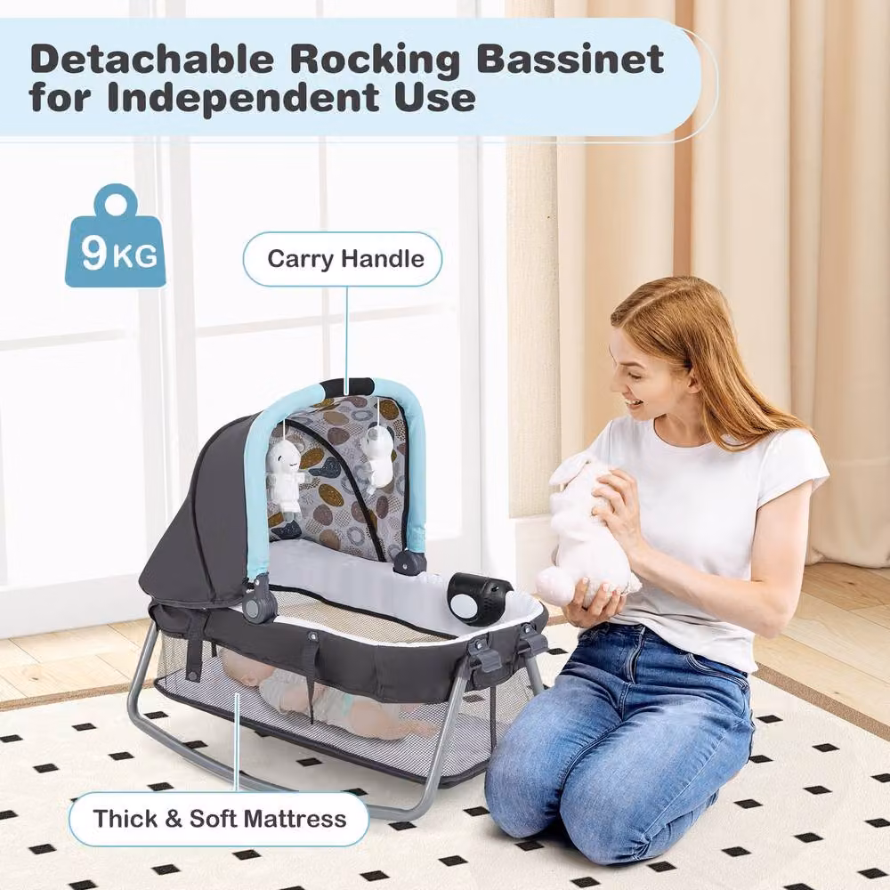 Costway Foldable Pack and Play Portable Baby Playard with Rocking Bassinet and Music Box in Blue – 9