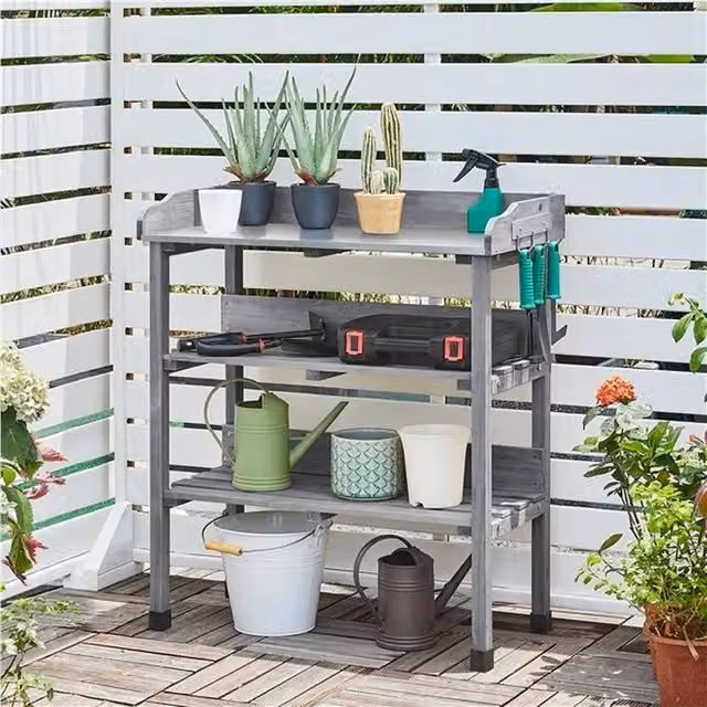 Kelvenix Grey Wooden Garden Potting Bench Table W/D/H: 90 x 37 x 37 cm