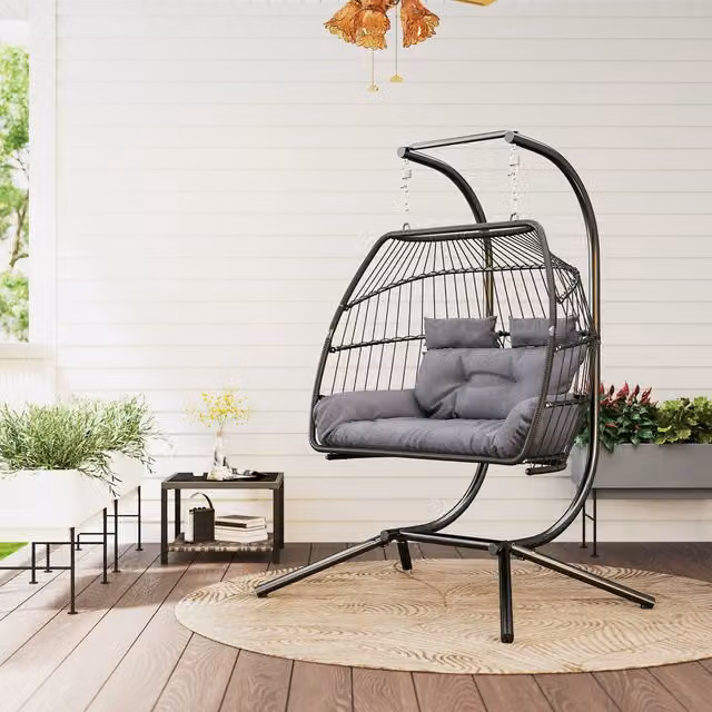 Outsunny Rattan Double Hanging Egg Chair with Stand in Dark Grey