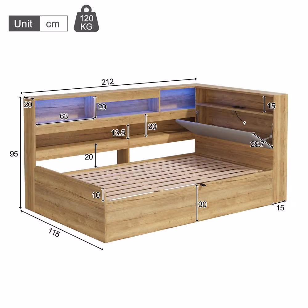 Rolipo Natural Wooden Daybed in Brown with Hydraulic Storage, LED Lighting and USB Charging Port, W/D/H: 90 x 190 cm – 3