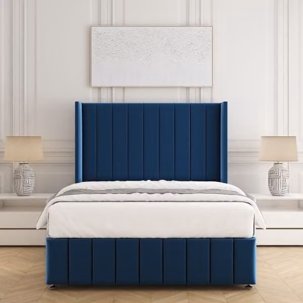 BSSPOKE Zoe Plush Velvet Divan Bed Set with Headboard and Mattress in Blue, King Size, W/D/H: 180 x 200 cm