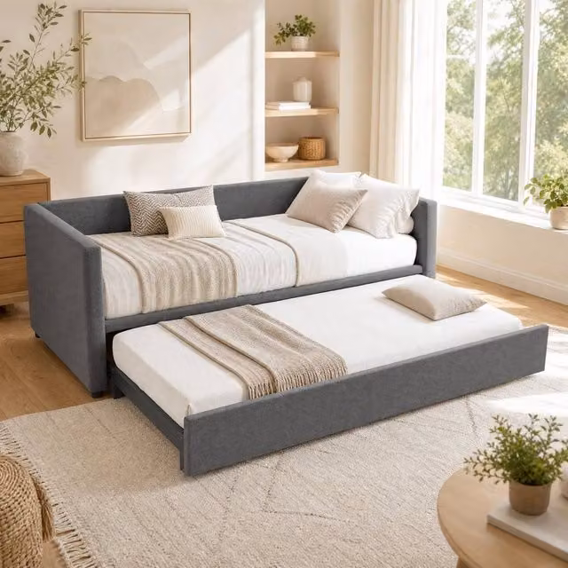 STILVORA Upholstered Single Bed Frame with Pull-Out Drawer in Grey Fabric, W/D/H: 90 x 190 x 73 cm
