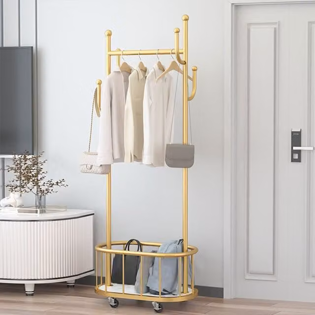 Livingandhome Luxury Gold Metal Garment Coat Rack with Hanging Rail, 4 Hooks and Casters