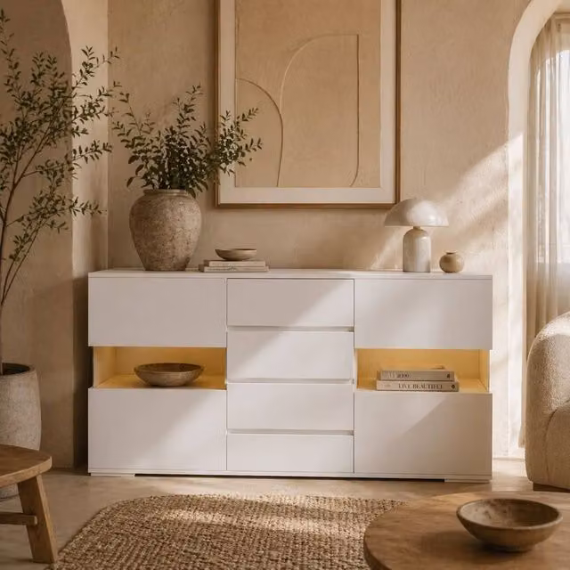 Wyld Haus Latoli High Gloss White Sideboard with Integrated LED Lighting and 4 Soft Close Drawers – 1