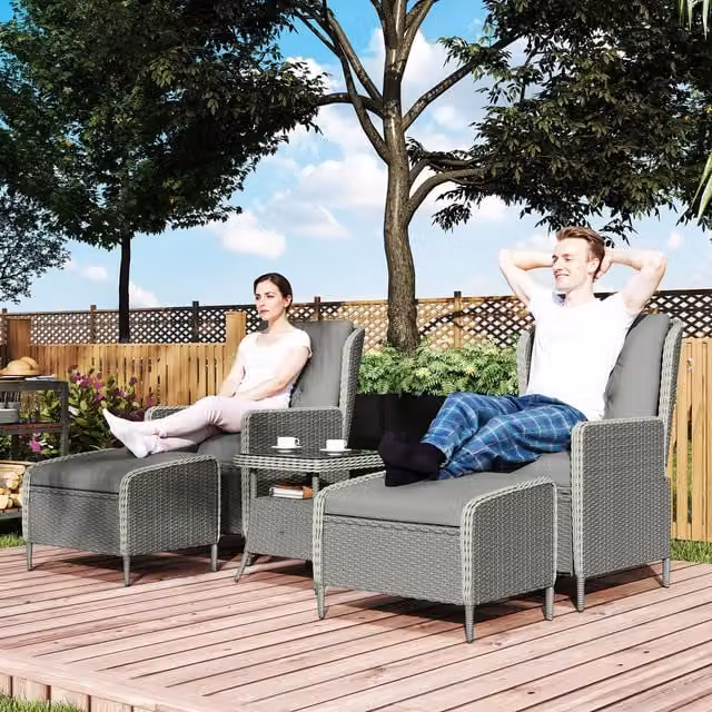 Outsunny 5 Piece Reclining Rattan Garden Furniture Set in Dark Grey with Weatherproof Fabric Cushions