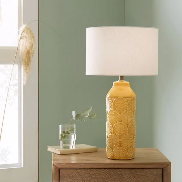 Pacific Lifestyle Embossed Ceramic Table Lamp with Textured Feather Pattern in Yellow