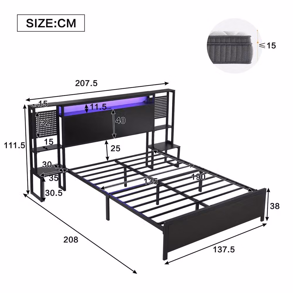 BTM Modern Metal Bed in Black with LED Under-Bed Lighting, USB Charging Ports and Side Compartments, W/D/H: 140 x 190 x 111.5 cm – 2