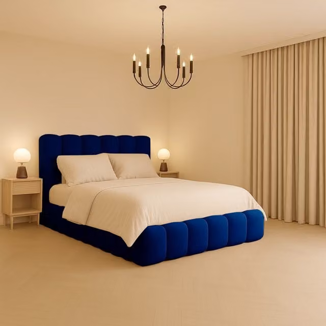 Desire Deco Alice Upholstered Panel Bed Frame in Blue Velvet, W/D/H: 180 x 200 cm