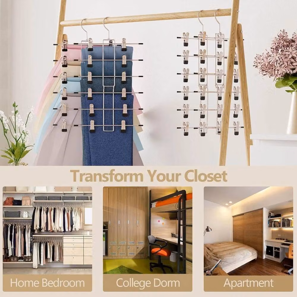 VOGREX 2 Pack Space Saving Non Slip Metal Trouser Hangers with Clips in Silver – 2