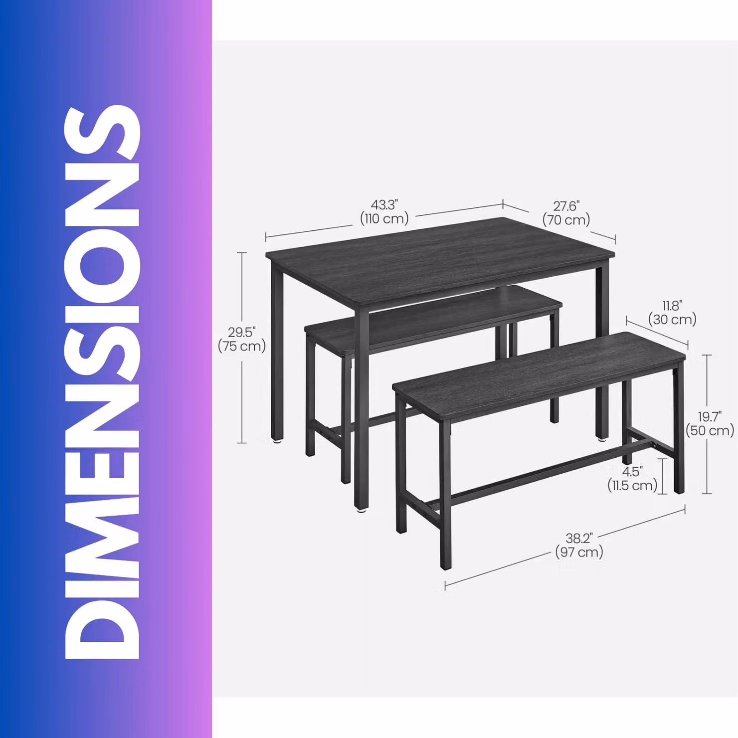 Rafaelo Mobilia Industrial Dining Table Set with 2 Benches in Black, W/D/H: 140 x 70 x 75 cm – 5