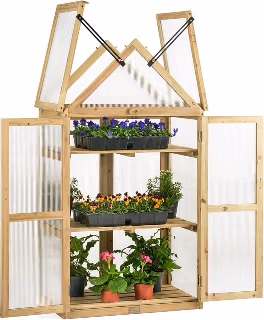 Christow Apex 3 Tier Lean-to Cold Frame Greenhouse in Brown and Grey Wood and Polycarbonate