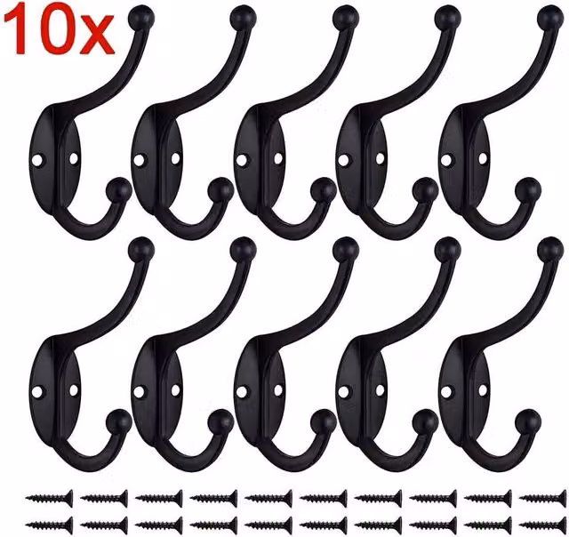 Kelvenix 10-Piece Double Hat and Coat Hooks with 20 Screws in Polished Black Metal