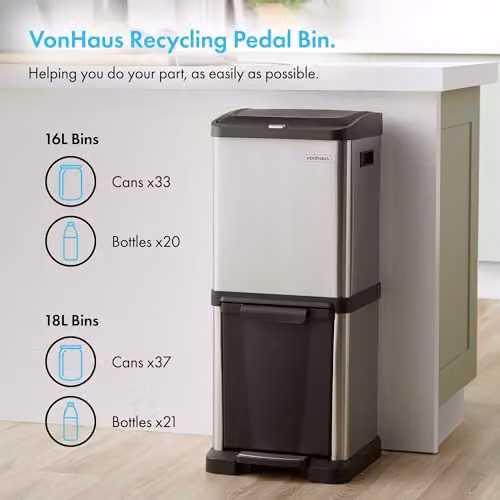 VonHaus 34L Vertical Kitchen Bin with Two Compartments and Removable Inner Buckets in Silver Stainless Steel – 2