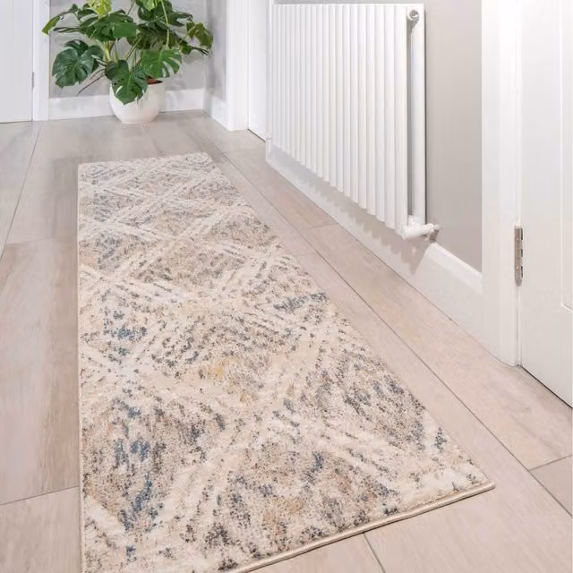 The Rug House Beige and Blue Distressed Diamond Geometric Boho Living Area Rug, W: 240 cm, D: 60 cm