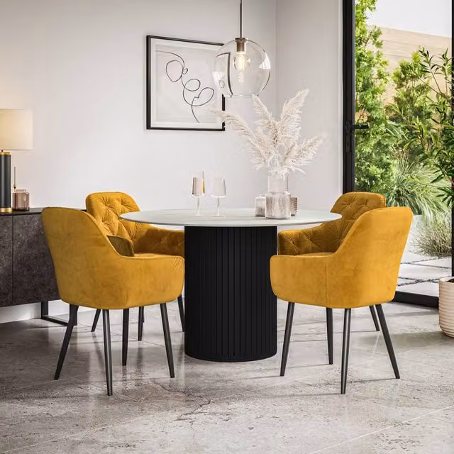 More4Homes Arlo White Marble Top Round Dining Table with Black Legs and Anika Mustard Velvet Dining Chairs Set of 4, Diameter: 120 cm, Height: 75 cm