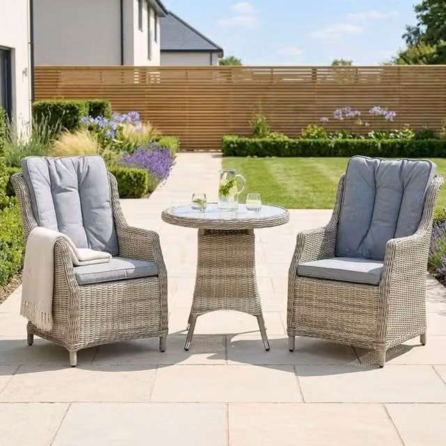 Royalcraft Wentworth Bistro Set with 70cm Round Glass Top Table and 2 Beige Highback Comfort Chairs