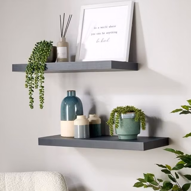 Home Source Cloud Pair of Floating Wall Mounted Storage Shelves in Grey, 60cm