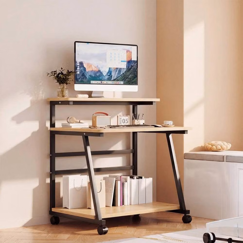 KORVIXA 3 Tier Rolling Computer Desk in Natural Brown with Castors, W/D/H: 100 x 100 x 120 cm – 2