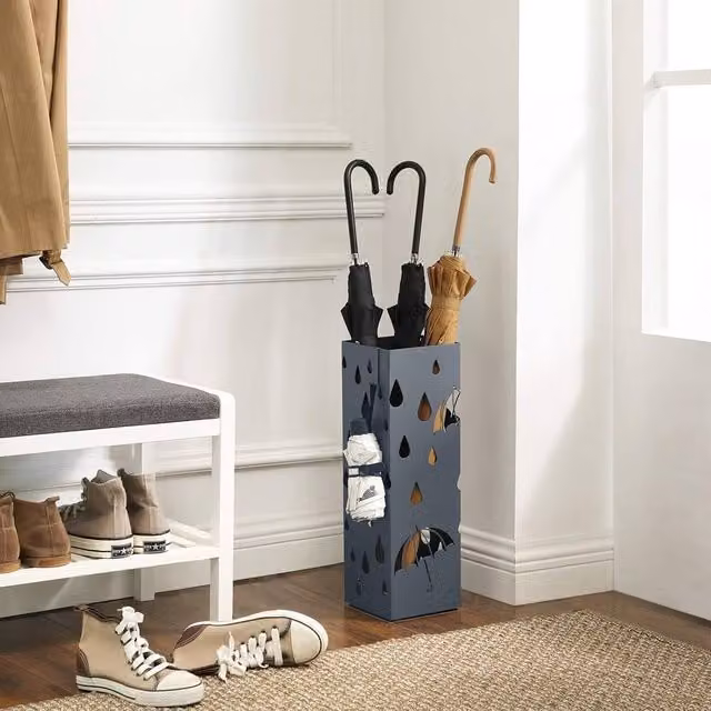 The Bazaarist Metal Umbrella Stand with Hooks and Removable Drip Tray, Grey