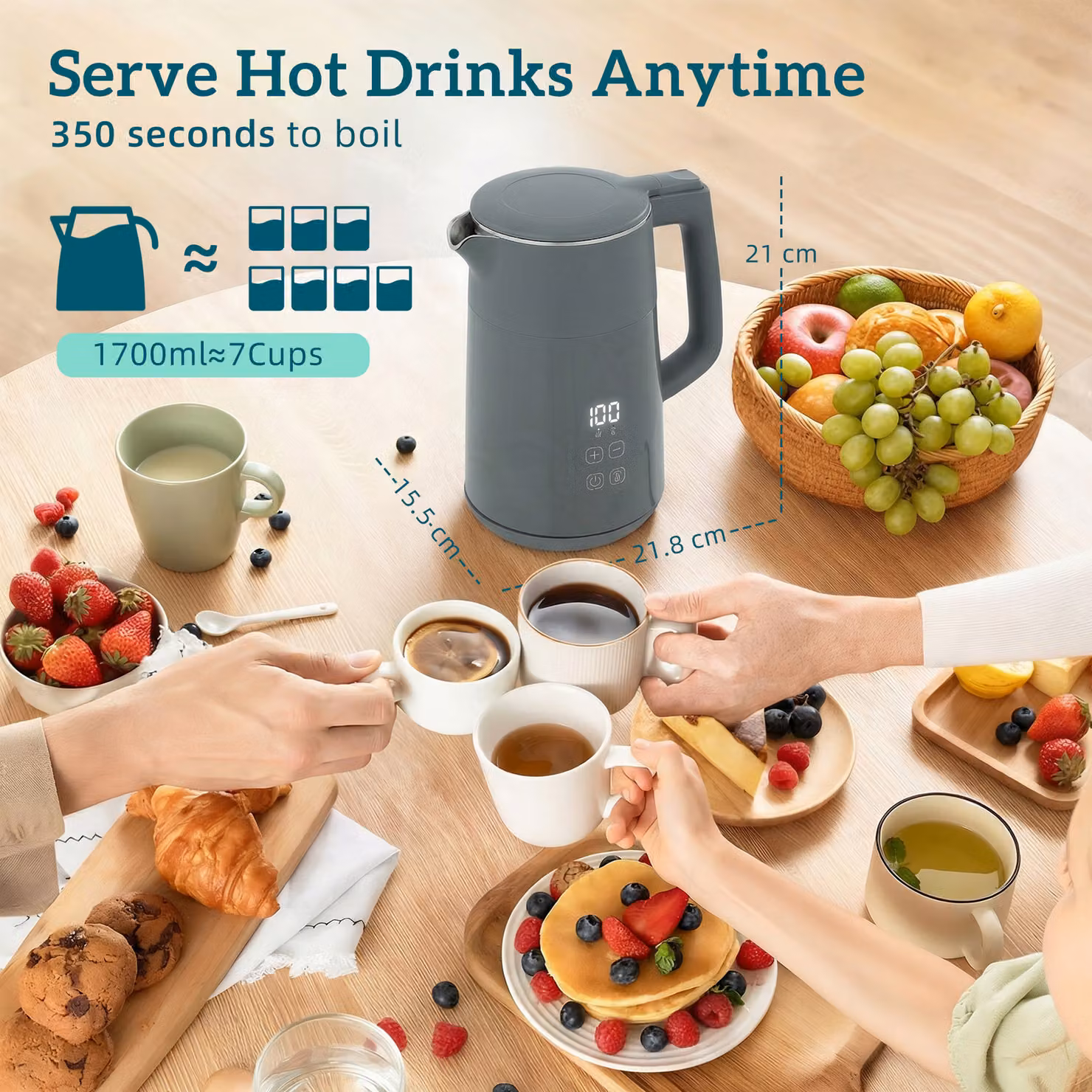 HOMCOM Electric Kettle, 1.7 l Fast Boil 3kW Water Kettle with UK Strix Thermostat, LED Display and Keep Warm Function, Grey – 3