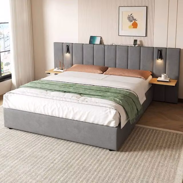 FORGEVIO Modern Upholstered Cot Bed in Grey with Storage, USB Charging Port and Integrated Reading Light, W/D/H: 120 x 60 cm