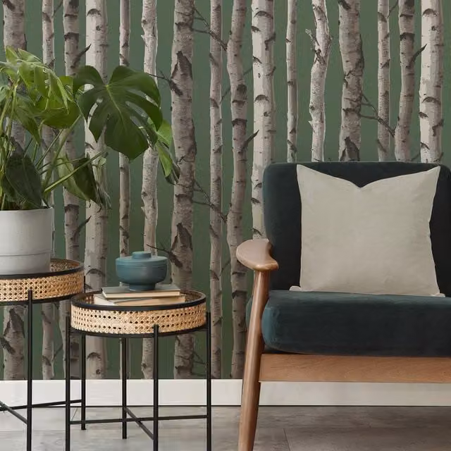 Fine Decor Birch Trees Botanical Mural Wallpaper in Green