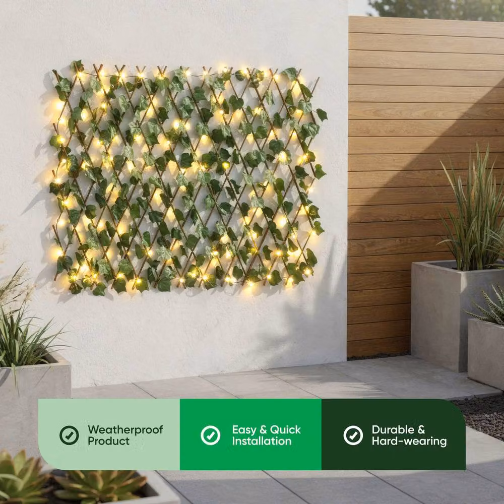 Gardenwize Solar Expandable Ivy Trellis with 100 Warm White LED Lights, Green Artificial Hedge Privacy Screen for Wall-Mounted Garden Screening – 3