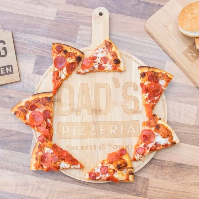 Gloriously Good Dad's Pizzeria Round Solid Bamboo Wooden Pizza Board in Beige