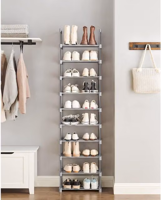 SONGMICS 10-Tier Metal Shoe Storage Organiser with Adjustable Shelves in Grey