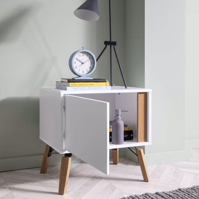Otto Mid-Century Pine Bedside Table in White and Brown