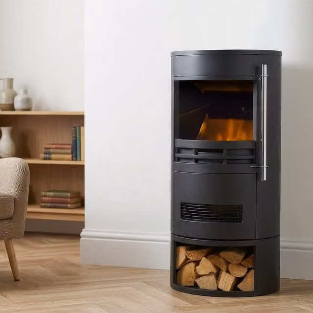 Sureflame Dunston Round Stove with Log Storage in Black