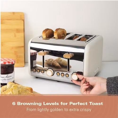 Hamilton Beach 4 Slice Scandi Toaster, 1500W, 6 Browning Controls, Defrost, Reheat and Cancel Settings with Removable Crumb Tray, Matte Cream with Wood Effect - HBT02MC – 3