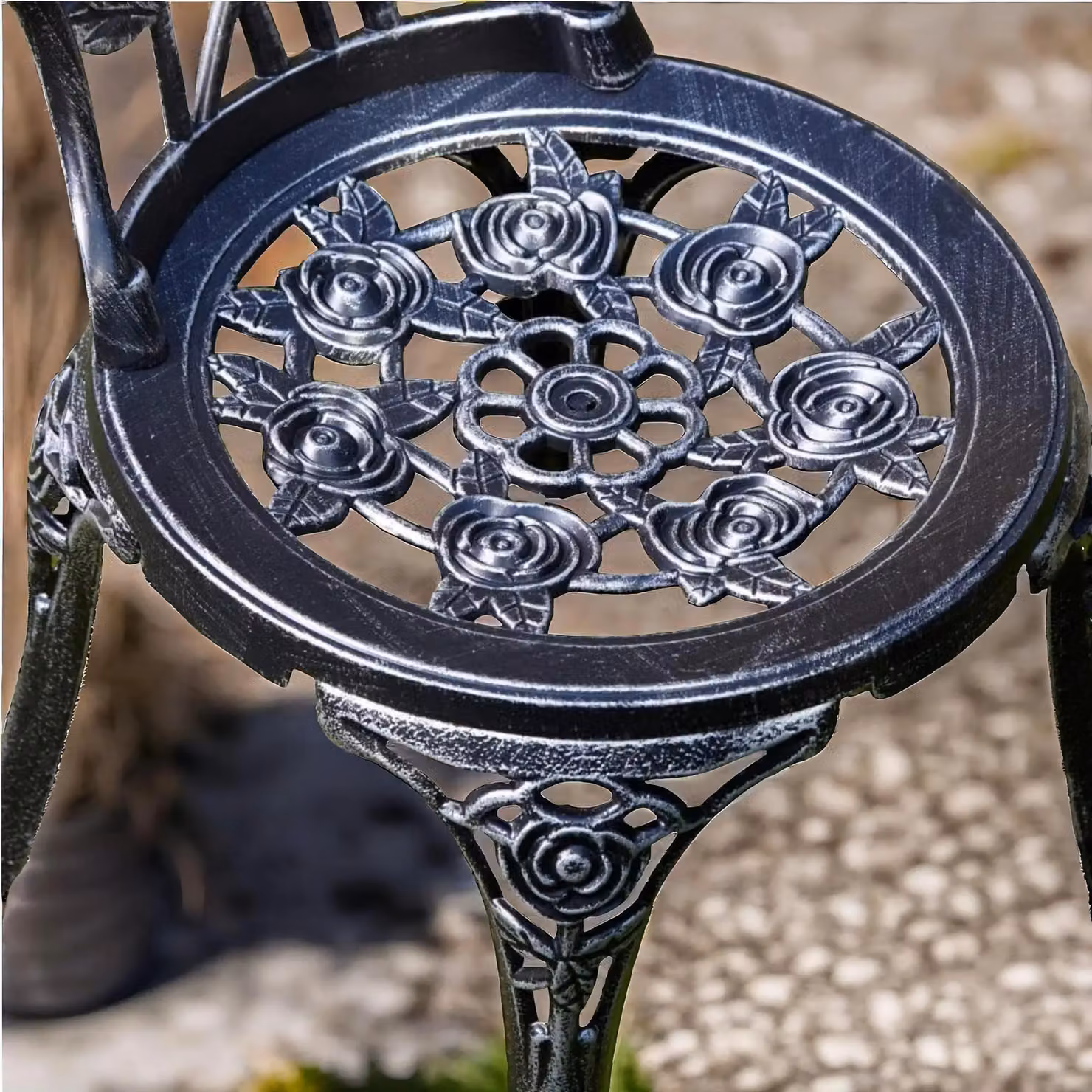 FURNOS Set of 3 Cast Iron Rose Floral Bistro Table and Chairs in Antique Grey – 2