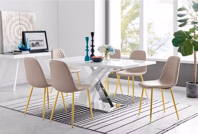 FurnitureboxUK Atlanta Modern High Gloss White Rectangular Dining Table and 6 Corona Gold Faux Leather Chairs Set in Cappuccino