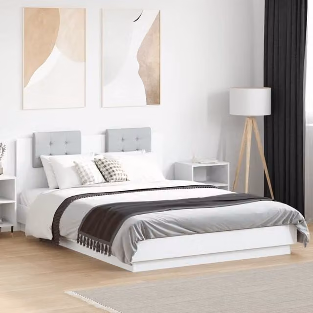 Berkfield Home Upholstered Fabric Bed Frame in White, W/D/H: 150 x 200 cm King Size