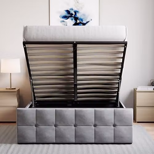 Vida Designs Valentina Double Ottoman Bed Frame in Light Grey Velvet, H 105 x W 144 x D 207 cm – 4