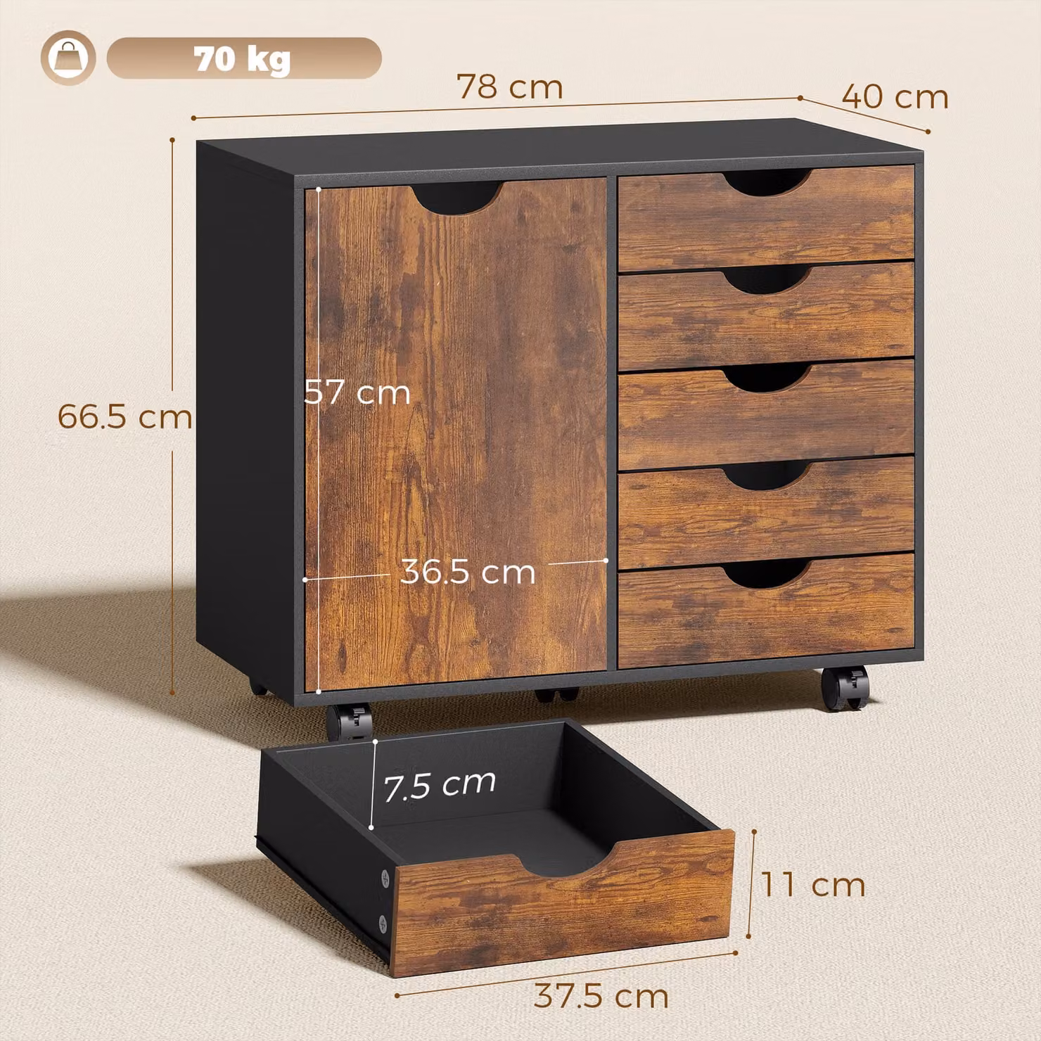 HOMCOM Multi-Storage Mobile Office Storage Cabinet in Rustic Brown – 3
