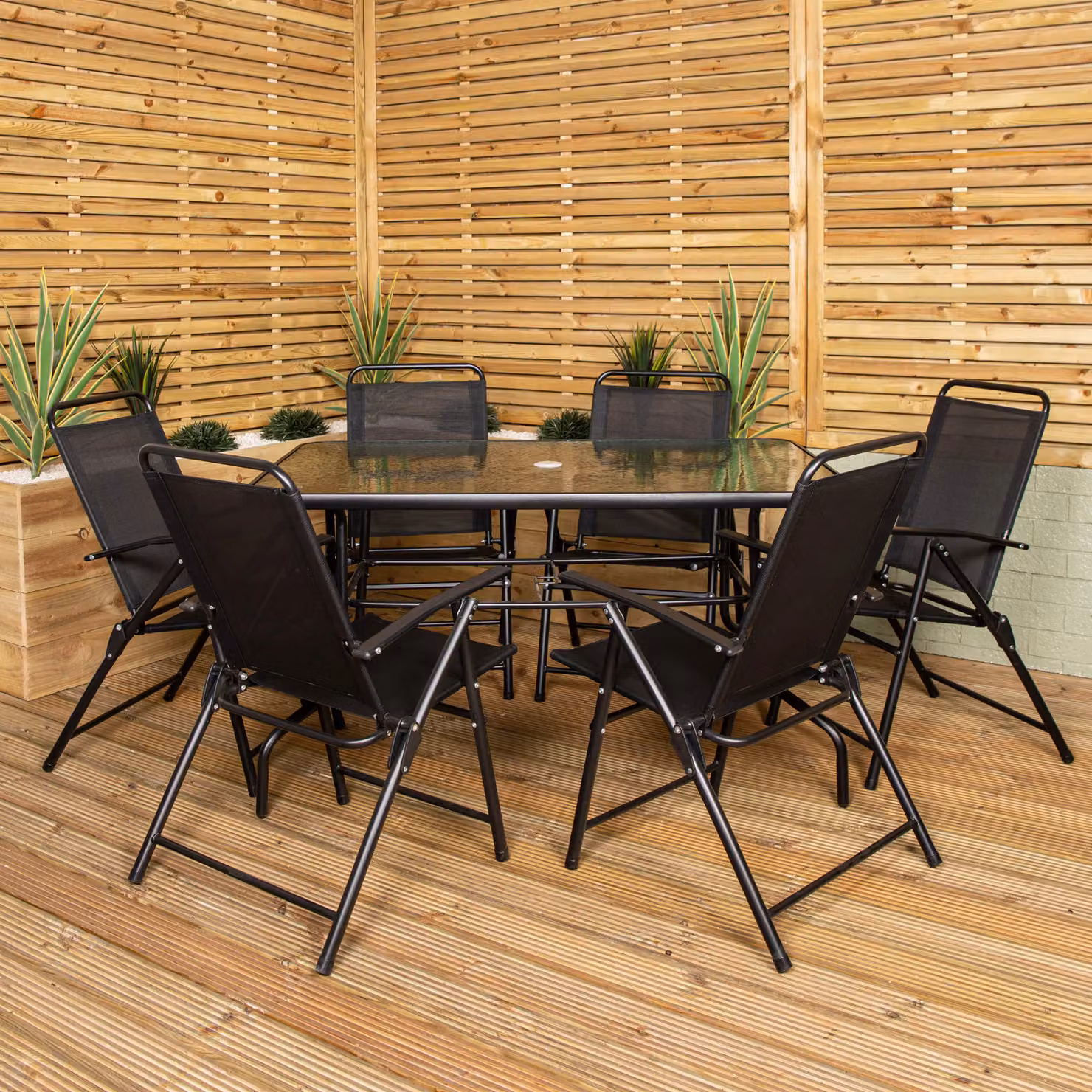 Samuel Alexander 6 Seater Black Glass Top Patio Set with Table and Chairs – 2