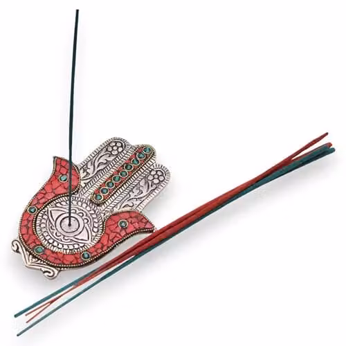KDMD Red and Green Small Hamsa Metal Incense Holder, W/D/H: 5.5 x 13.0 x 5.5 cm – 2