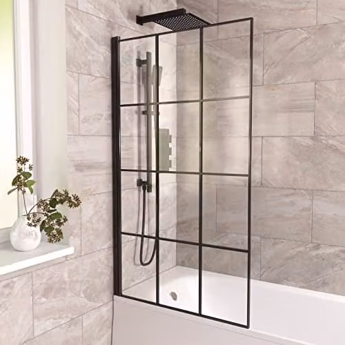 Nes Home Square Reversible Hinged Bath Screen with Clear Glass and Black Profile, W: 80 cm, H: 140 cm – 1